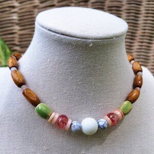 Wood Beaded Necklace | Hippie Cottagecore Jewelry | Boho Gemstone Necklace